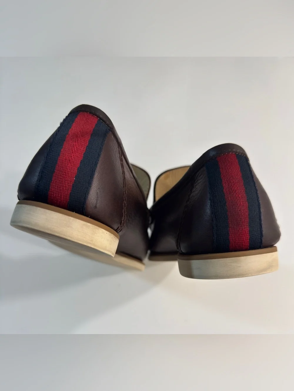 Gucci Mens Brown Pebbled Leather Loafers Web Stripe Heel Driver Shoes Size 10.5